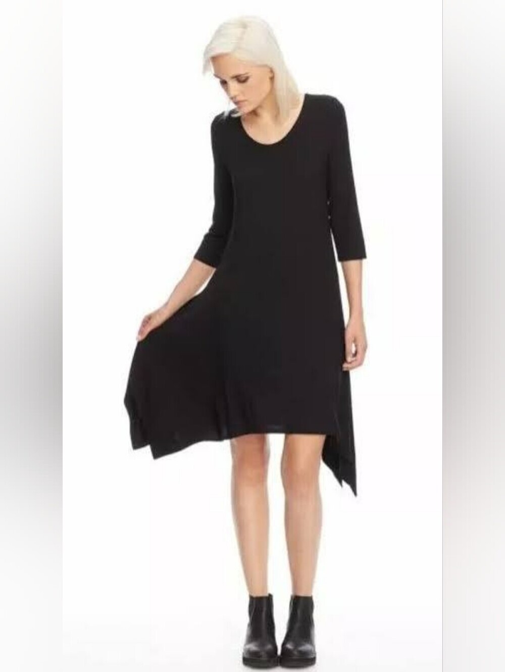 Eileen Fisher Black Shark Bite Viscose Jersey Soft Dress